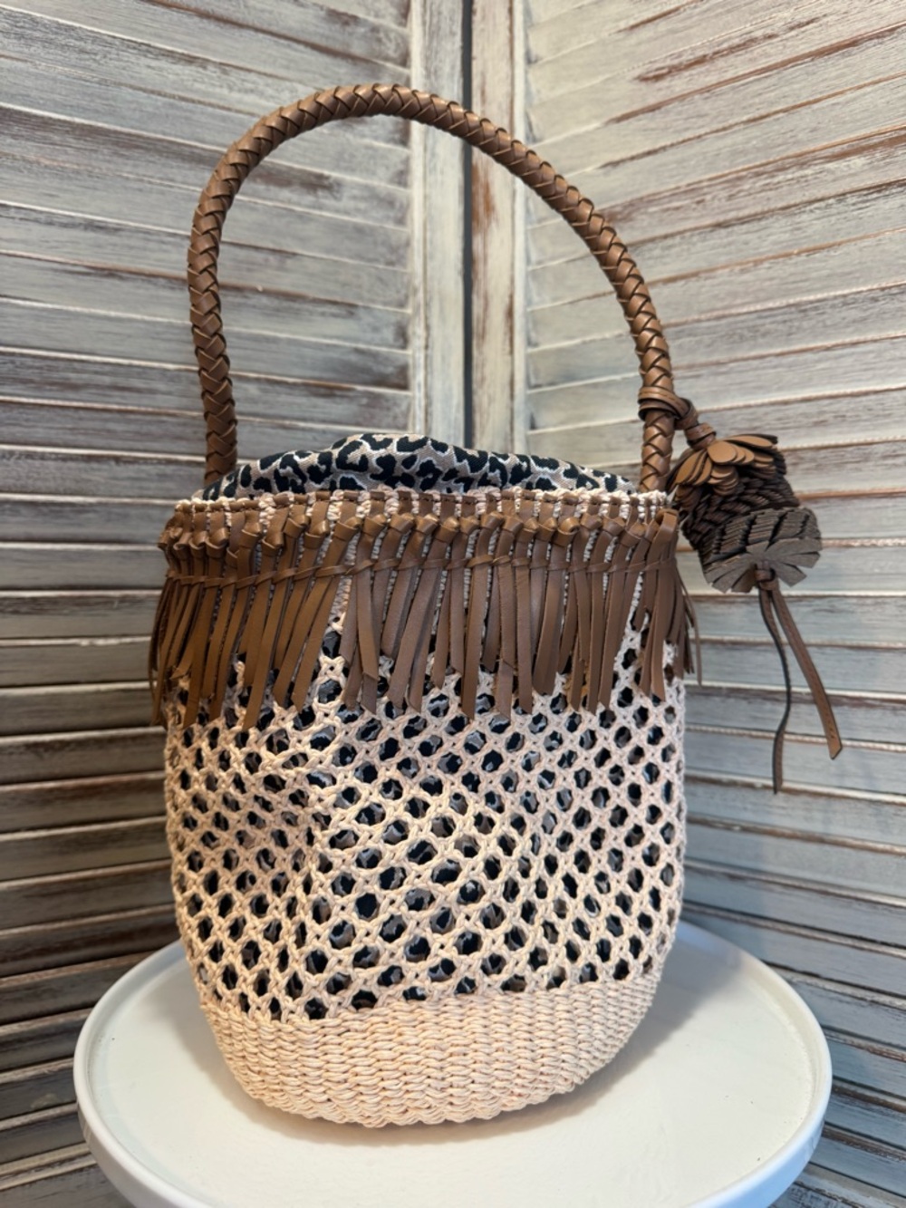 Chicos Raffia Leather Bucket Bag Leopard Fringe Charm